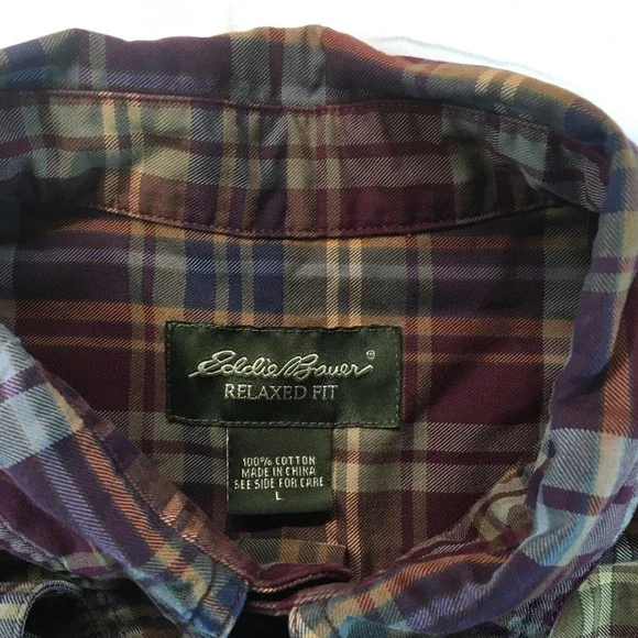 Eddie Bauer Relaxed Fit Plaid Brown Cotton Button Up Shirt Mens Size‎ L - Picture 7 of 7